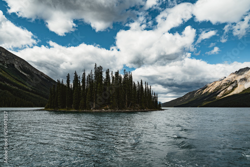 Grand Panorama of Surrounding Peaks at Maligne Lake, Jasper National Park.