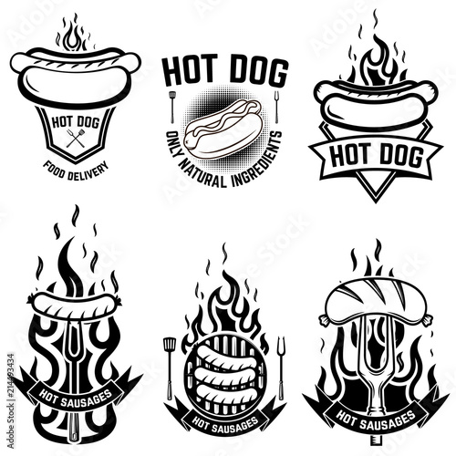 Set of emblems with hot dog. Design element for emblem, sign, poster, badge.