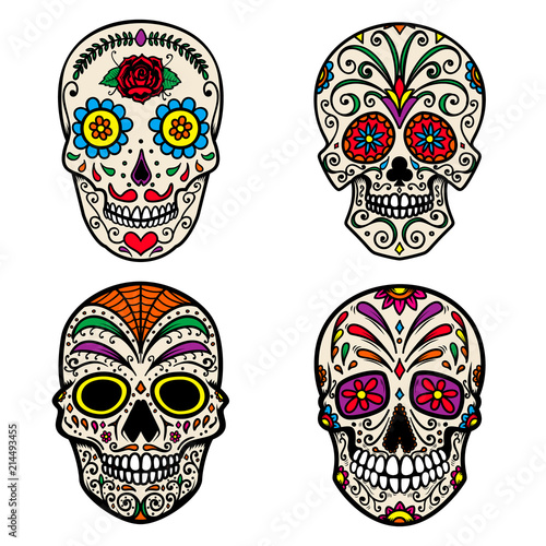Set of colorful sugar skull isolated on white background. Day of the dead. Dia de los muertos. Design element for poster, card, banner, print.