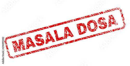 MASALA DOSA stamp seal print with distress style. Red vector rubber print of MASALA DOSA text with retro texture. Text label is placed inside rounded rectangle frame.