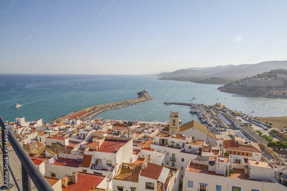 View of the Peniscola town Valencia, Spain. Tourism, spanish landscape with deep blue sea and mediterranean  architecture
