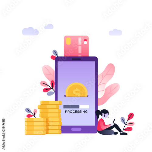 Cool ultraviolet vector contactless direct payment using smart phone application and bank account credit card data. Concept design of people using their phones as electronic wallets