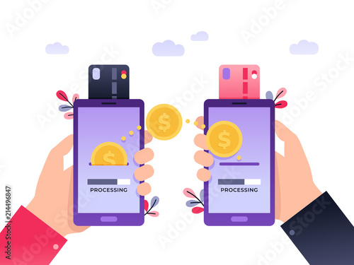 Cool ultraviolet vector contactless direct person to person payment using smart phone application and bank account credit card data. Illustration concept people using their phones as electronic wallet