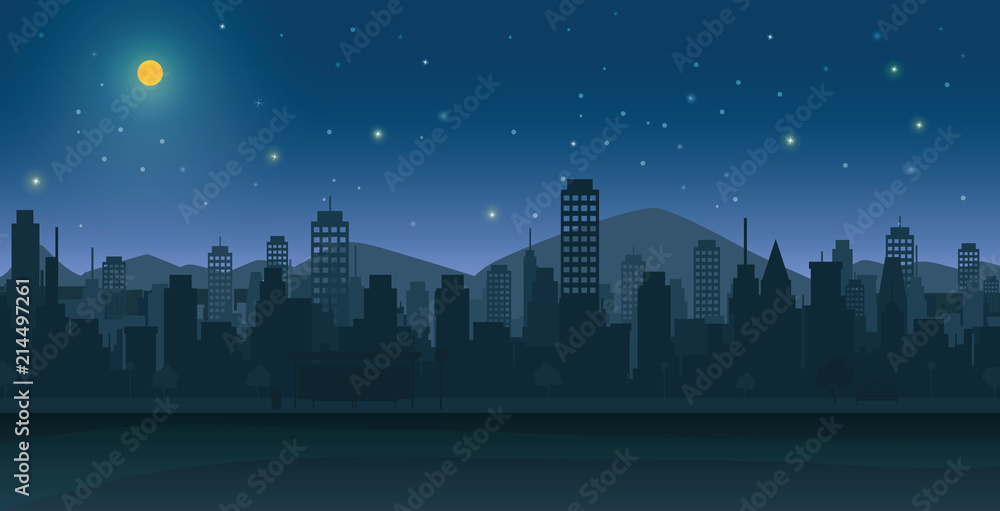 City at night with moon and stars