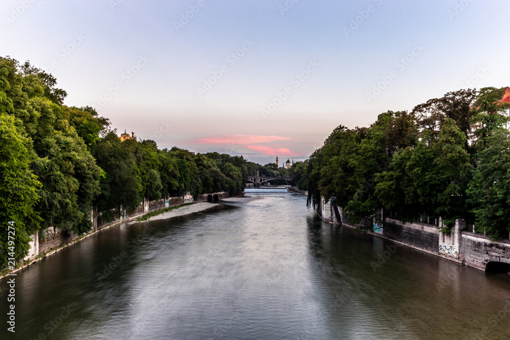 A colorful sunset on the Isar river in Munich in summer - 1