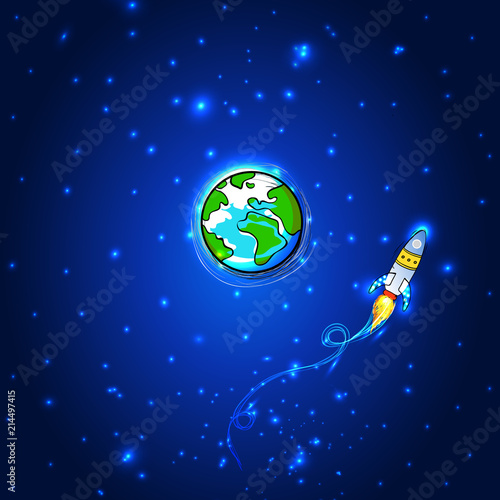 Space flat vector background with rocket, spaceship, earth planet and stars. Space for your text.