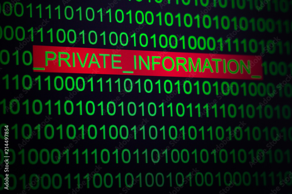 Words private information in binary code green on a black Words private information in binary code green on a black