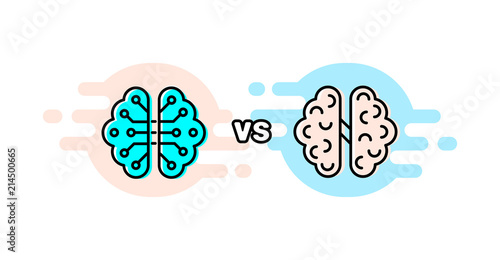 Humans vs Robots. AI artificial intelligence and human intelligence. Artificial intelligence concept, digital mind and smartness. Human anatomical brain, electronics technology elements.