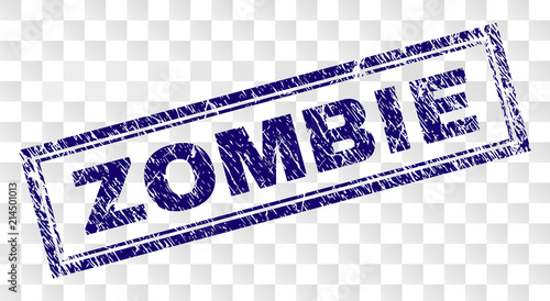 ZOMBIE stamp seal imprint with rubber print style and double framed rectangle shape. Stamp is placed on a transparent background. Blue vector rubber print of ZOMBIE text with dust texture.