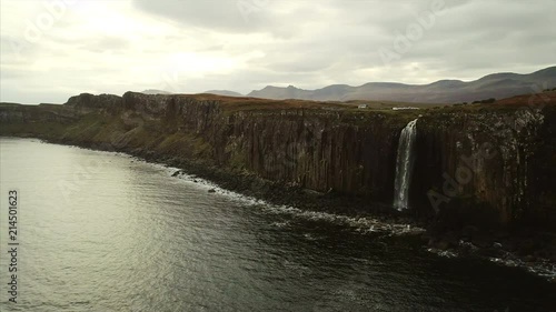 Aerial Pan of a Waterfall on the Cliffs of Skye Near Neist Point photo