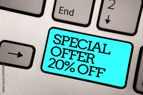 Text sign showing Special Offer 20 Off. Conceptual photo Discounts promotion Sales Retail Marketing Offer Silver grey computer keyboard with blue button black color written text.