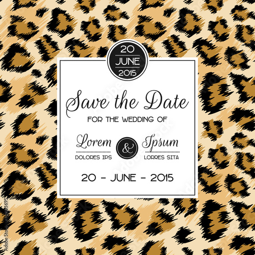 Wedding Invitation Template with Fashionable Leopard Pattern. Tropical Save the Date Card. Animal Ornament Romantic Design for Greeting Postcard, Birthday, Anniversary. Vector illustration