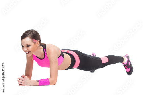 one woman exercising workout fitness aerobic exercise on studio isolated white background. Perfect plank.