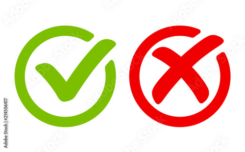 Green tick symbol and red cross sign in circle. Icons for evaluation quiz. Vector. photo