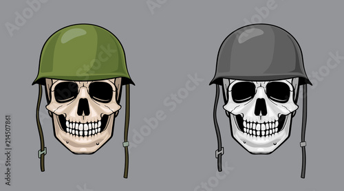 skull in army helmet, colorful and greyscale