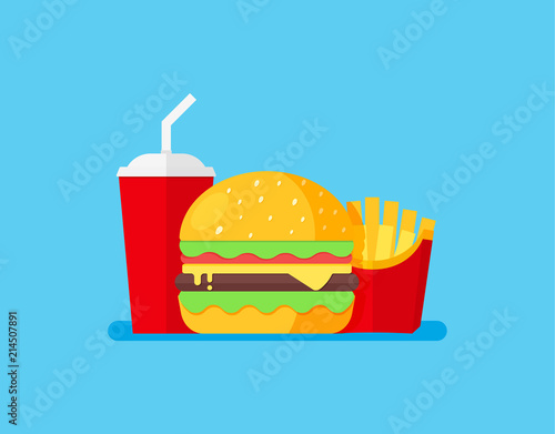 Burger Set Vector Illustration. Cheeseburger, french fries and soda. Fast food menu