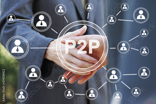 Cuadro en lienzo Business button p2p Peer-to-peer on background business partnership handshake concept