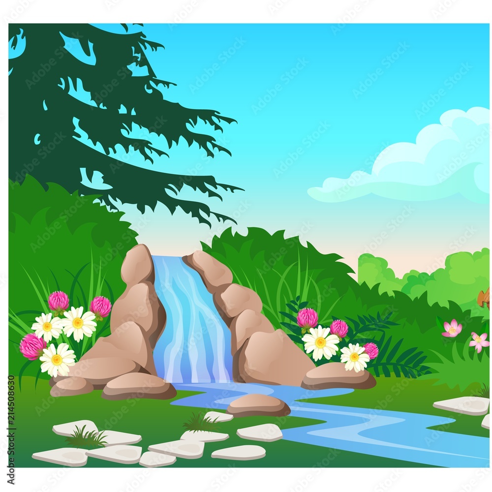 Vettoriale Stock Picturesque landscape with a waterfall on the forest river.  Sketch of a beautiful poster or placard on the theme of wildlife nature.  Vector cartoon close-up illustration. | Adobe Stock