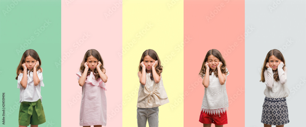Obraz premium Collage of brunette hispanic girl wearing different outfits covering ears with fingers with annoyed expression for the noise of loud music. Deaf concept.