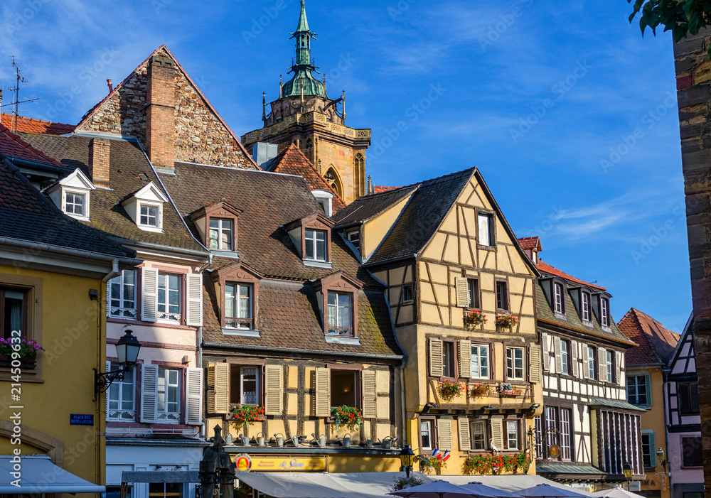 Decorated wooden colourful facades in Colmar city center, France