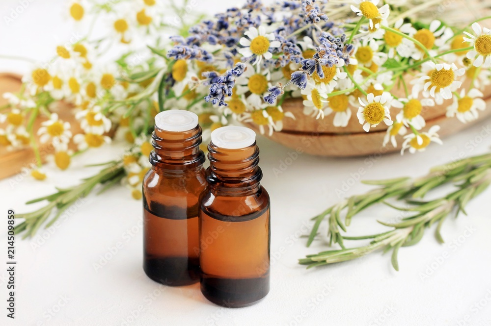 Essential oil blend with different aroma herbs: chamomile, rosemary, lavender. Fresh blossom and droppper bottles white table. Healing aromatherapy. - obrazy, fototapety, plakaty 