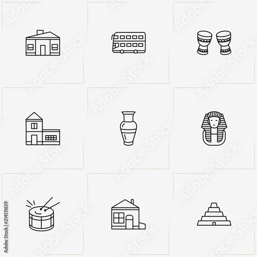 Culture line icon set with double decker bus , house and pyramid