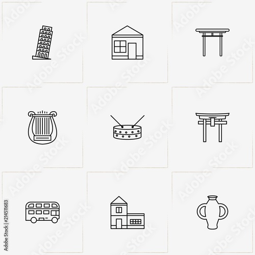 Culture line icon set with vase, house and double decker bus