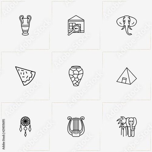 Culture line icon set with house, elephant and harp