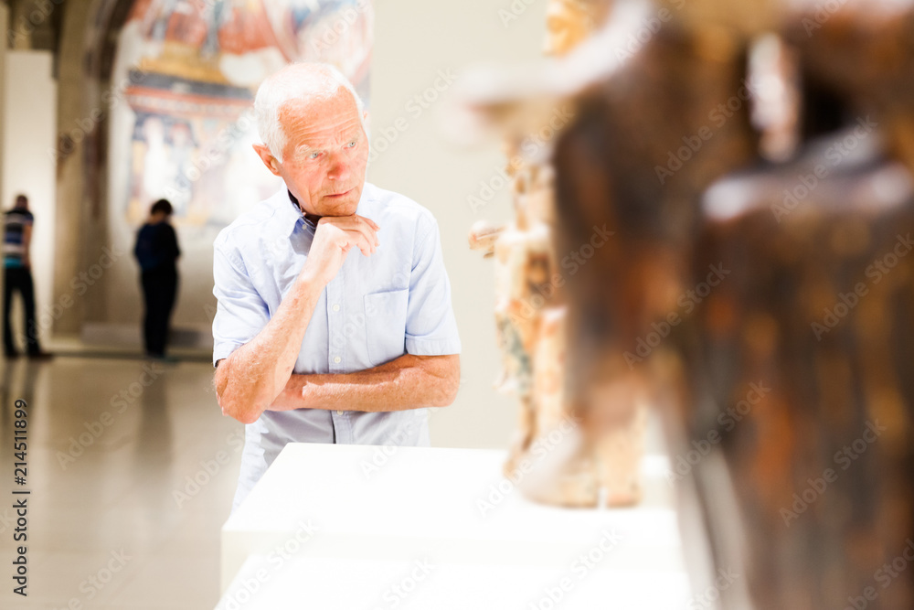 Fototapeta premium Mature man visiting sculptures exhibition