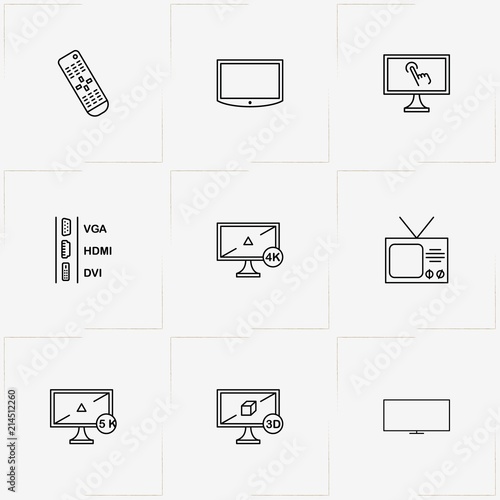 Tv line icon set with television, television ports and television remote