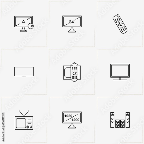 Tv line icon set with television, television remote  and home cinema loudspeakers