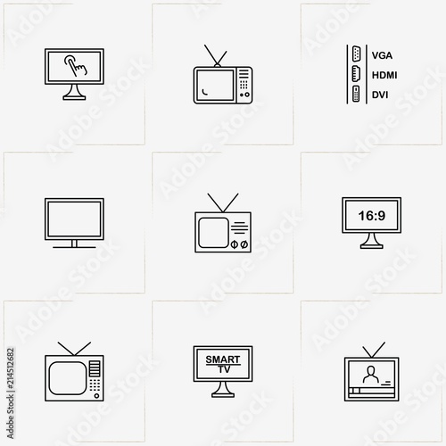 Tv line icon set with television and television ports