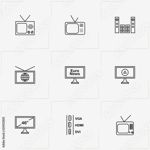 Tv line icon set with home cinema loudspeakers , television and television ports