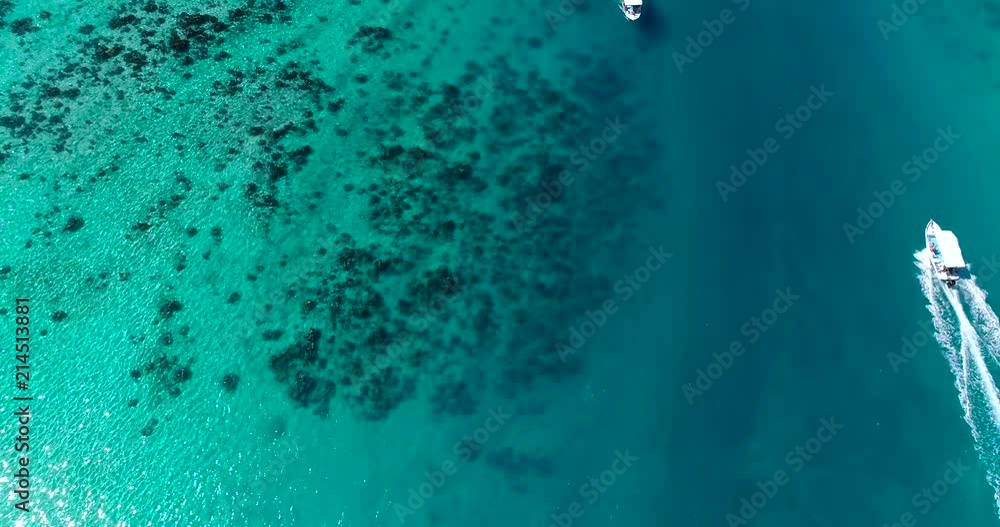 boats in a lagoon in French Polynesia, in aerial view boats in a lagoon in French Polynesia, in aerial view