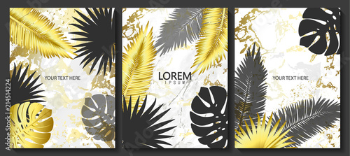 Luxury cards collection with marble texture,tropical leaves and shiny frame.Vector trendy background. Modern set of abstract card, template,posters,invitational.