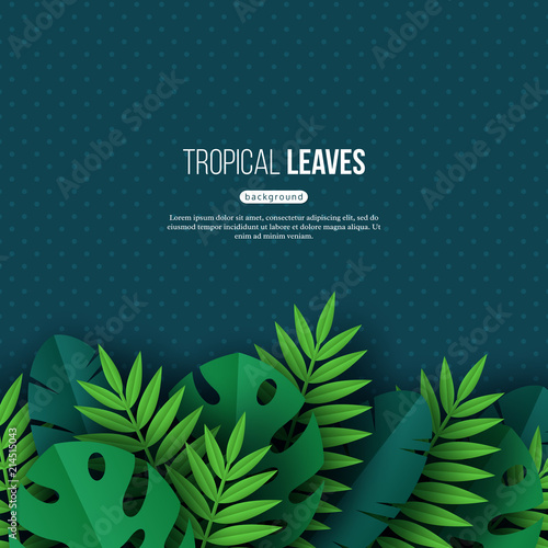 Exotic jungle tropical palm leaves. Summer floral design with dotted dark turquoise color background. Vector illustration.
