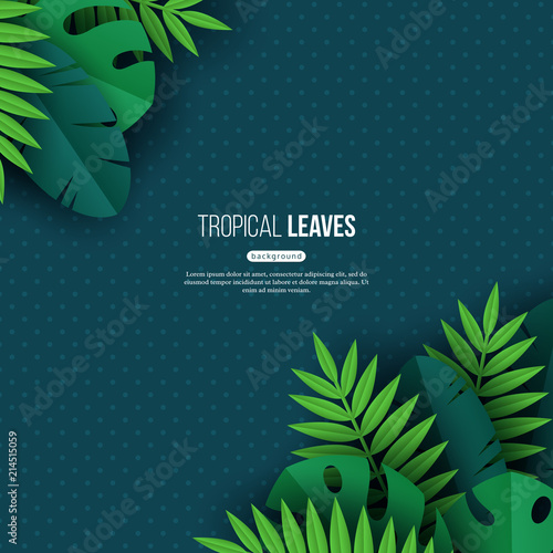 Exotic jungle tropical palm leaves. Summer floral design with dotted dark turquoise color background. Vector illustration.