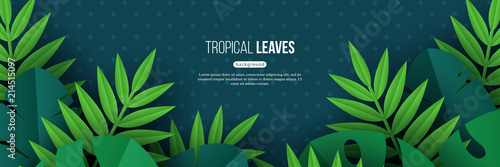 Exotic jungle tropical palm leaves. Summer floral design with dotted dark turquoise color background. Vector illustration.