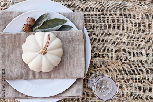 Thanksgiving Day or Halloween place setting with mini white pumpkins, Lamb's Ears leaves, and acorns over burlap table runner. photo