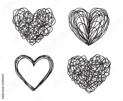Set of four tangled grungy heart scribbles