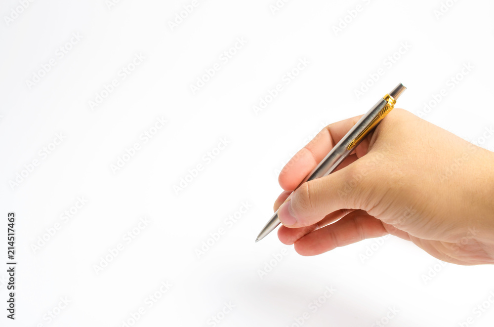 isolated pen on white background. place for text. copy space. the man's hand writes. filling out documents, keeping a diary. writing a book isolated pen on white background. place for text. copy space. the man's hand writes. filling out documents, keeping a diary. writing a book