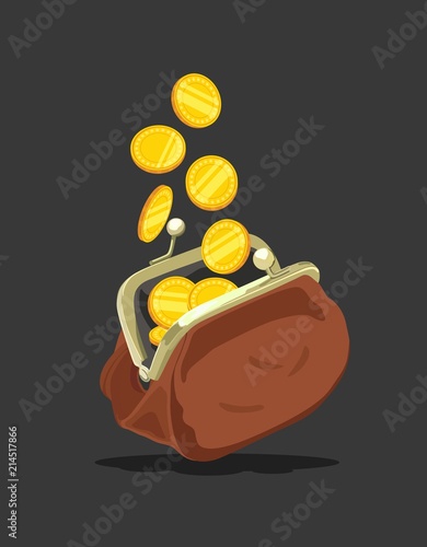 Coins pour into the open purse. Vector illustration