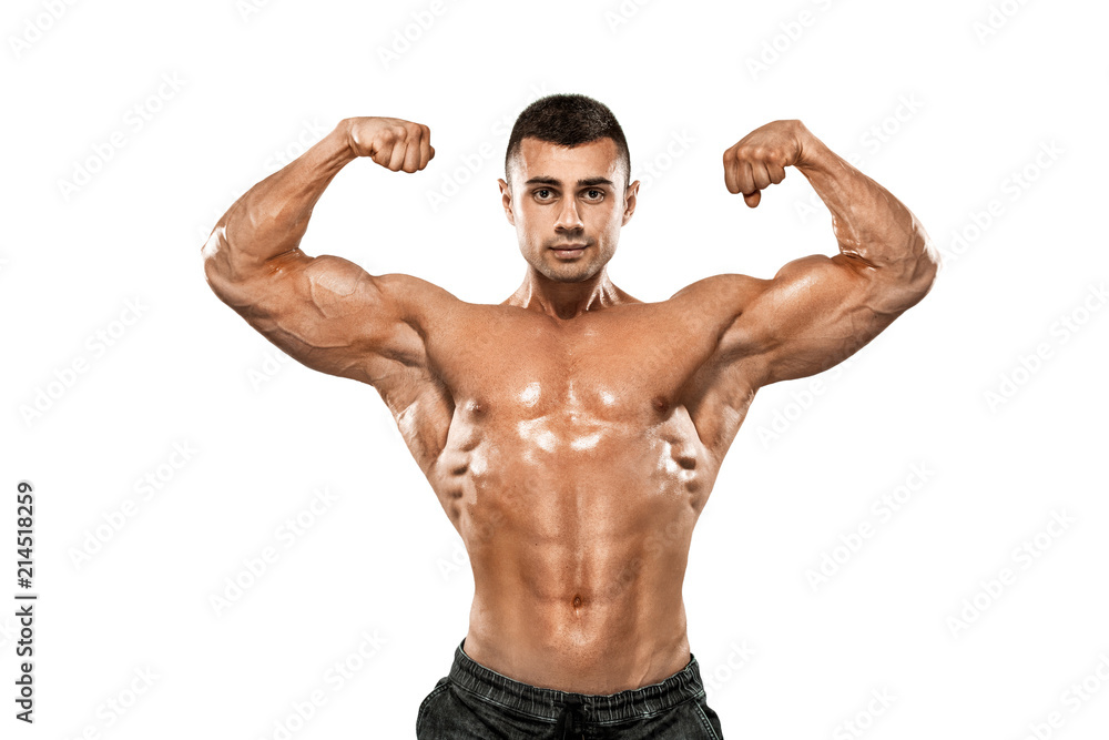 Brutal strong muscular bodybuilder athletic man pumping up muscles on white background. Workout bodybuilding concept. Copy space for sport nutrition ads. Brutal strong muscular bodybuilder athletic man pumping up muscles on white background. Workout bodybuilding concept. Copy space for sport nutrition ads.