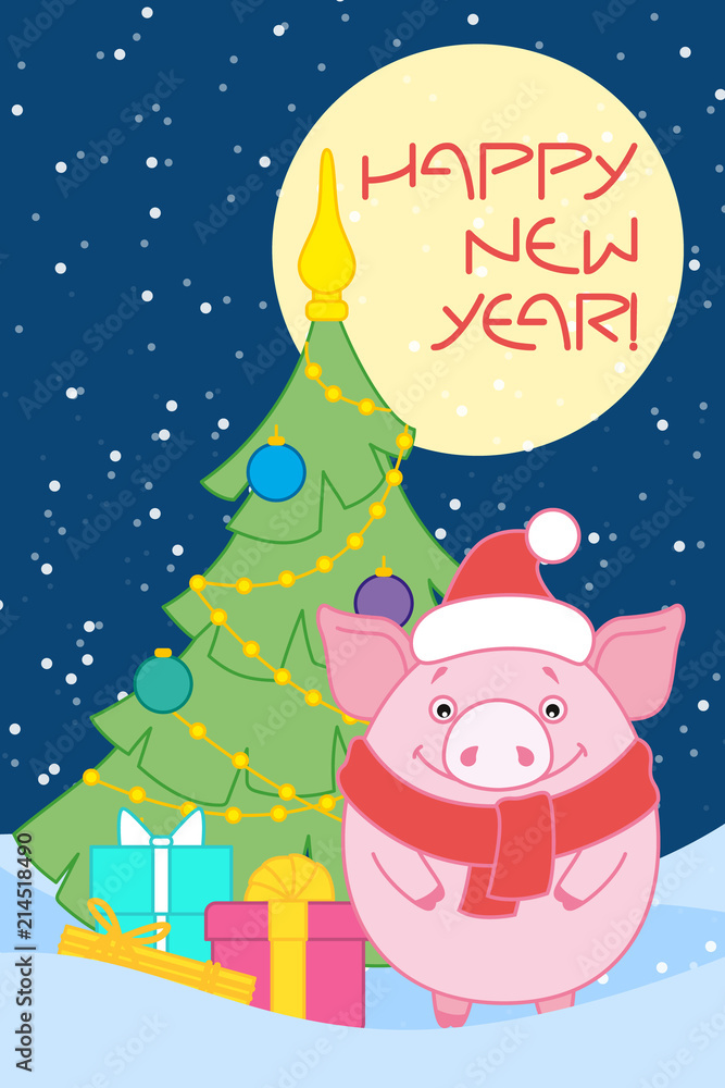 Pig in Santa's hat and scarf near the Christmas tree with gifts and the moon. Inscription 