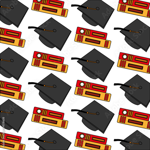 hat graduation with books pattern vector illustration design