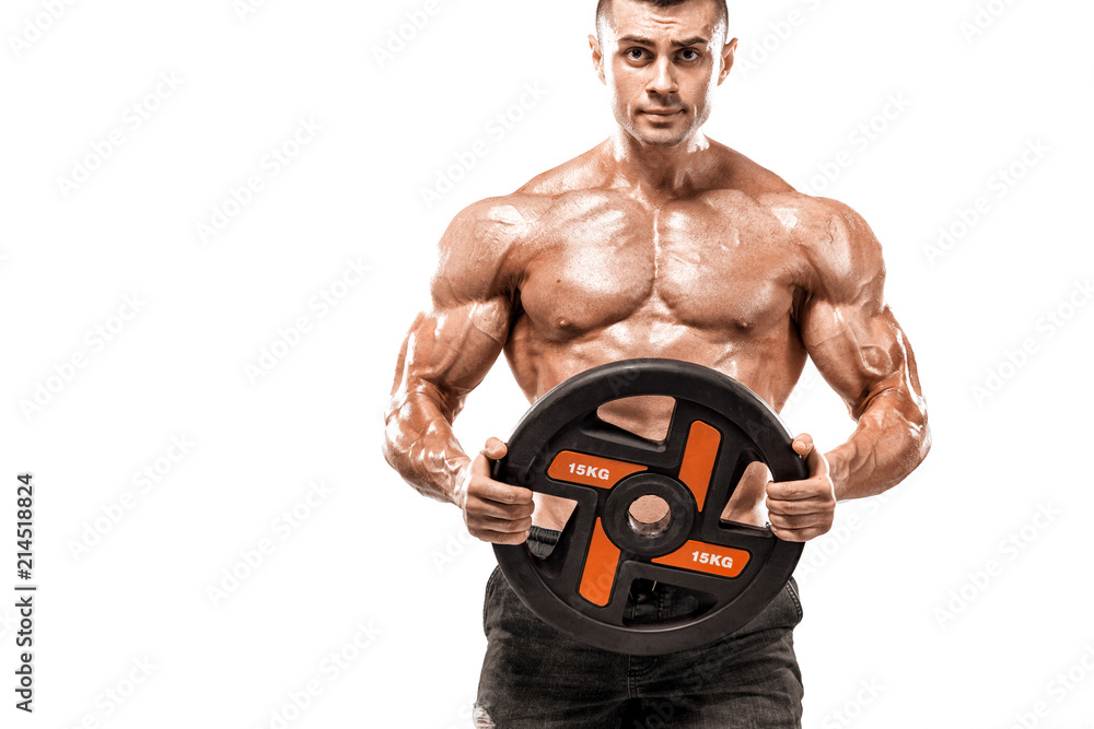Brutal strong muscular bodybuilder athletic man pumping up muscles on white  background. Workout bodybuilding concept. Copy space for sport nutrition  ads. Stock-Foto | Adobe Stock