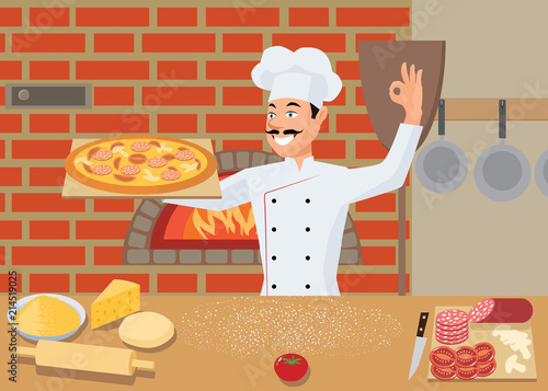 Cook in hand holds cooked pizza