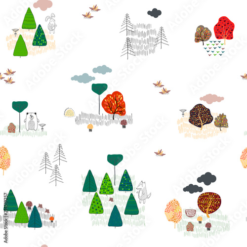 Seamless background with stylized autumn trees. Forest bright pattern.