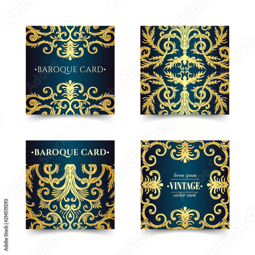 French baroque style elegant ornate visiting cards. Luxurious fashionable gold ornamental flyer design. Vintage fancy ornament decoration. Pathetic retro embellishment. EPS 10 vector brochure template
