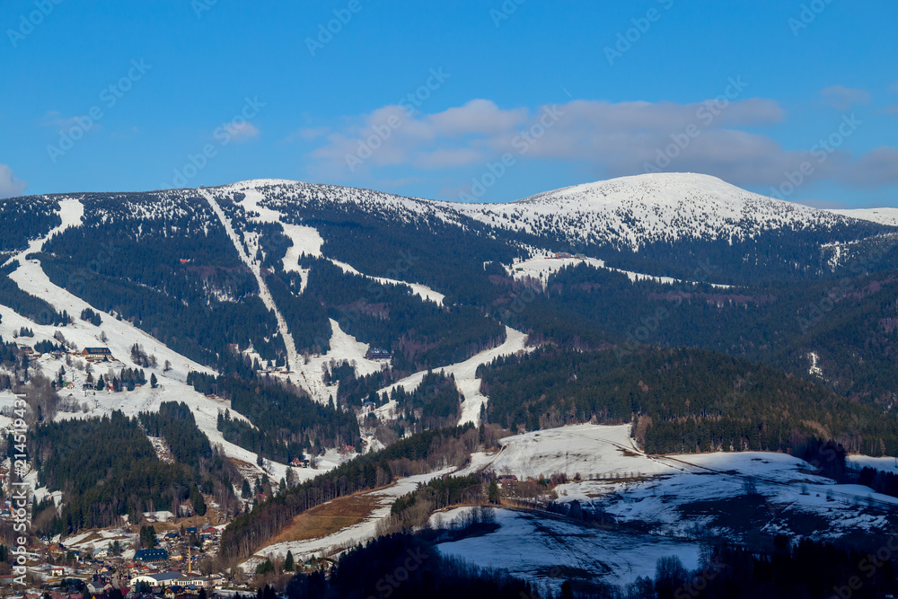 Beautiful Winter Panorama of Giant Mountains with Clear Blue Sky
